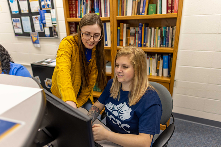 Student and faculty member at computer in library.