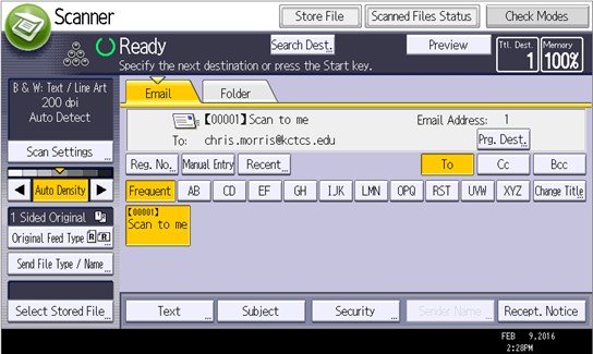 screenshot of the Scanner screen with email populated indicating the document can now be loaded