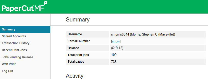 summary section with "show" button