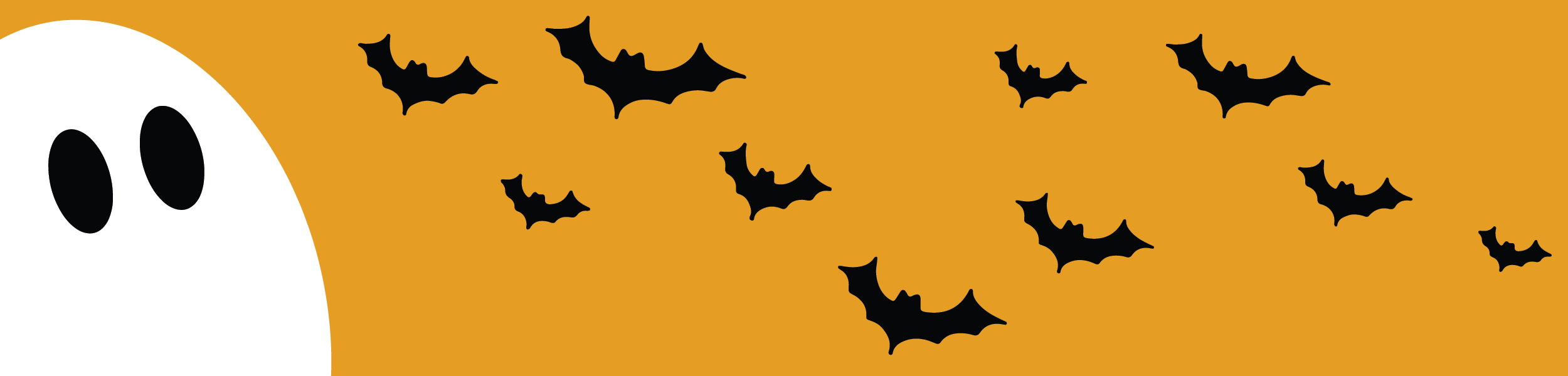 illustration of white ghost watching black bats fly against a yellow-orange background.
