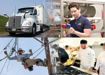Program photos of CDL truck, HVAC student, Culinary students, and Lineworker.
