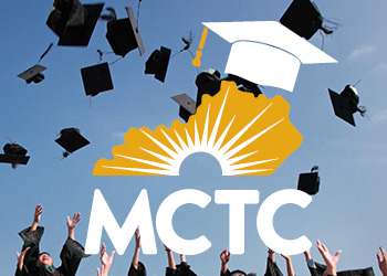 MCTC Logo with graduates throwing graduation caps in the background.