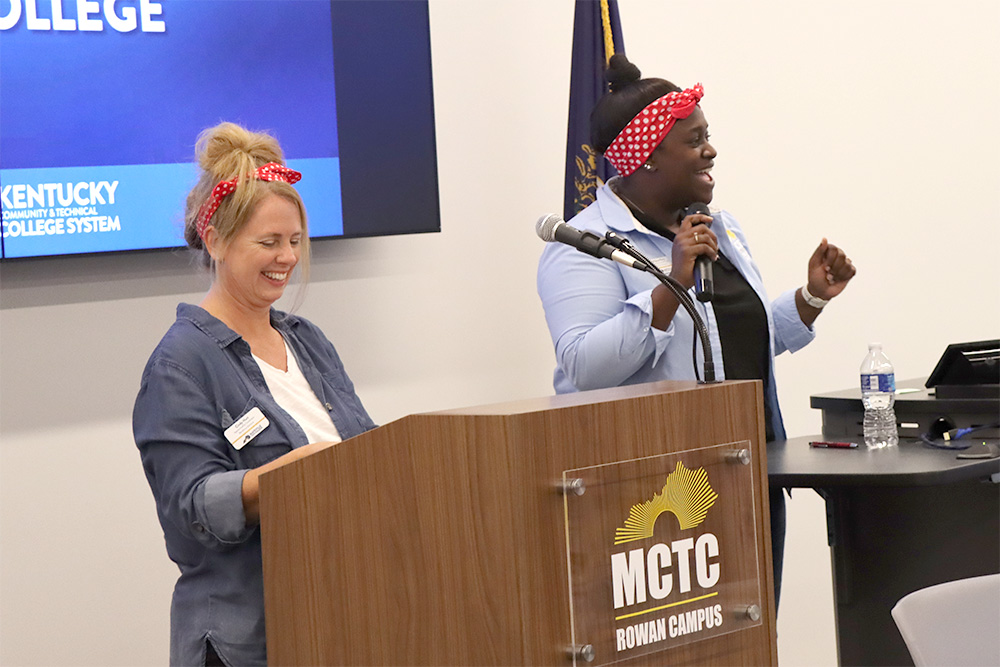 Cindy Hurt and De'Sarae Perry of MCTC Workforce Solutions speaking to students