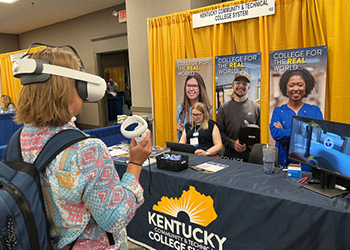 Student using a VR headset to experience a career program at KCTCS.