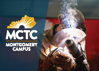 Montgomery Campus logo with photo of welding student behind it.