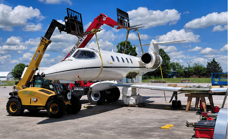 Learjet is being lowered by two large forklifts to re-attach wings after delivery to the Fleming Mason Airport.